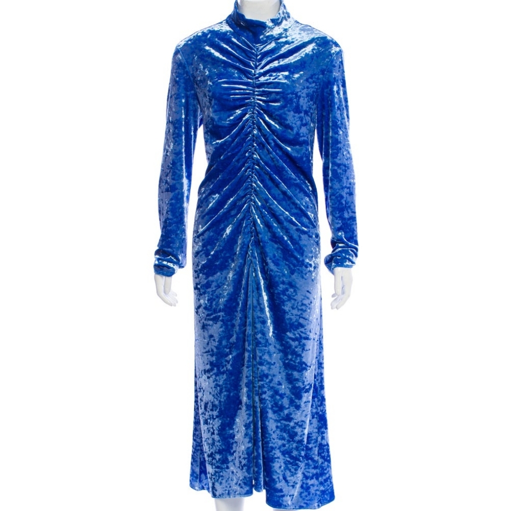 Ruched Velvet Long-Sleeve Midi Dress